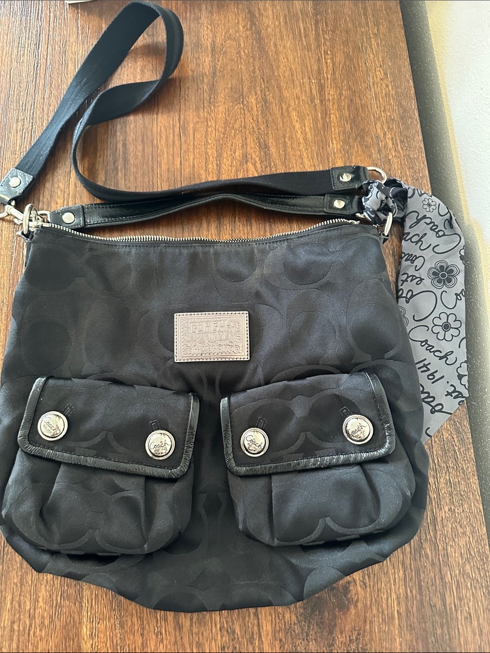 Coach Black Signature poppy Shoulder Bag with jacquard & Logo Scarf Accent